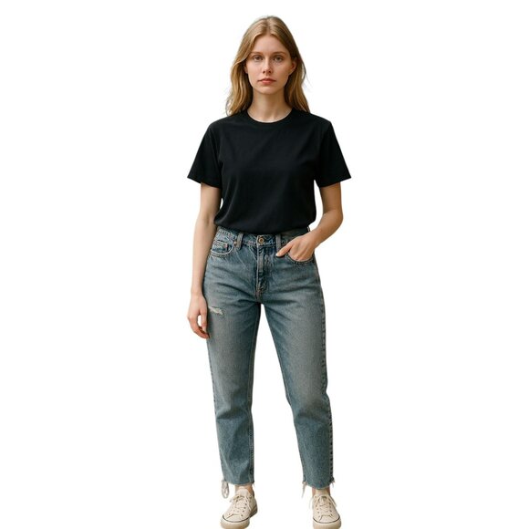American Eagle Size 00 Short All Cotton Jean Distressed Blue Denim High Lo Waist - Picture 1 of 16